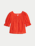 Cotton Rich Square Neck Lace Detail Puff Sleeve Blouse
