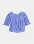Cotton Rich Square Neck Lace Detail Puff Sleeve Blouse