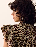 Pure Cotton Floral High Neck Ruffle Top