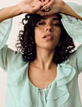 Tie Neck Ruffle Front Blouse