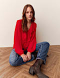 Ruffle Tie Front V Neck Blouse