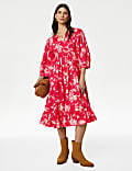 Pure Cotton Printed V-Neck Midi Smock Dress