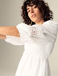 Pure Cotton V-Neck Crochet Detail Midaxi Waisted Dress