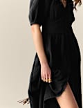Pure Cotton V-Neck Button Through Midi Waisted Dress