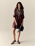 Pure Cotton Embroidered Tie Neck Puff Sleeve Mini Tiered Dress