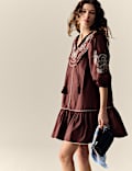 Pure Cotton Embroidered Tie Neck Puff Sleeve Mini Tiered Dress