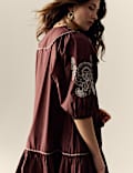Pure Cotton Embroidered Tie Neck Puff Sleeve Mini Tiered Dress
