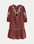 Pure Cotton Embroidered Tie Neck Puff Sleeve Mini Tiered Dress