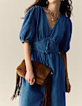 Denim V-Neck Button Through Midi Waisted Dress