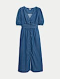 Robe midi en jean à taille ajustée, col en V et fermeture boutonnée