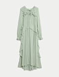 Tie Neck Ruffle Maxi Waisted Dress
