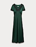 Satin Appliqué V-Neck Lace Trim Midi Dress