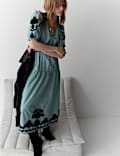 Pure Cotton Appliqu&eacute; Midaxi Waisted Dress