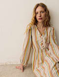 Robe midaxi 100 % coton &agrave; col en V et rayures