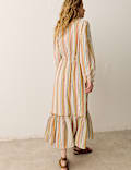 Robe midaxi 100 % coton &agrave; col en V et rayures