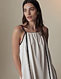 Gaun Slip Midi Bahan Linen Motif Garis