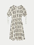 Linen Rich Geometric Notch Neck Smock Dress