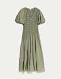 Textured V-Neck Puff Sleeve Midaxi Shirred Dress