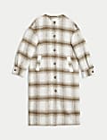 Checked Collarless Longline Shacket with Wool