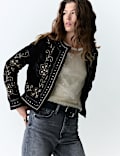 Velvet Embellished Collarless Jacket
