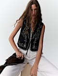 Pure Cotton Embellished Tie Front Gilet