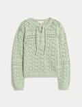 Cotton Blend Pointelle Tie Neck Jumper