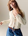 Cotton Rich Pointelle V-Neck Tie Front Relaxed Cardigan