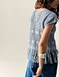 Cotton Rich Crew Neck Fringe Oversized Jumper
