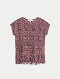 Cotton Rich Crew Neck Fringe Oversized Jumper