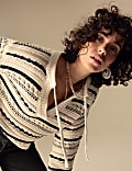 Cotton Rich Striped Textured V-Neck Jumper