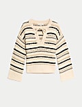 Cotton Rich Striped Textured V-Neck Jumper