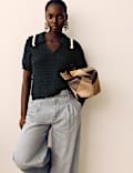 Textured Collared Short Sleeve Knitted Polo With Wool