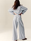Linen Blend Striped Drawstring Wide Leg Trousers