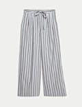 Linen Blend Striped Drawstring Wide Leg Trousers