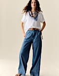 Denim High Waisted Pleat Front Wide Leg Jeans