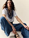 Denim High Waisted Pleat Front Wide Leg Jeans
