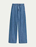 Denim High Waisted Pleat Front Wide Leg Jeans