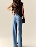 Denim High Waisted Pleat Front Wide Leg Jeans