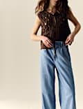 Denim High Waisted Pleat Front Wide Leg Jeans