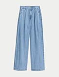 Denim High Waisted Pleat Front Wide Leg Jeans