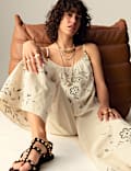 Pure Cotton Embroidered Drawstring Wide Leg Trousers