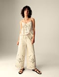 Pure Cotton Embroidered Drawstring Wide Leg Trousers