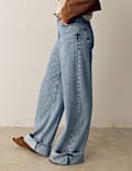 High Waisted Striped Wide Leg Turn Up Jeans
