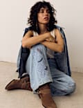 Pure Cotton Embroidered Cutwork High Waisted Wide Leg Jeans