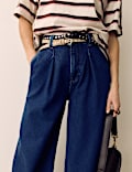 Denim High Waisted Pleat Front Wide Leg Cropped Jeans