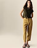 Linen Blend Pleat Front Tapered Trousers