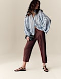 Linen Blend Pleat Front Tapered Trousers