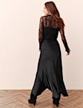 High Waisted Asymmetric Satin Maxi Skirt