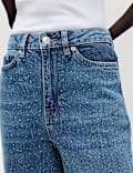 Versierde jeans met hoge taille en wijde pijpen