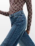 Mid Rise Side Pleat Wide Leg Jeans